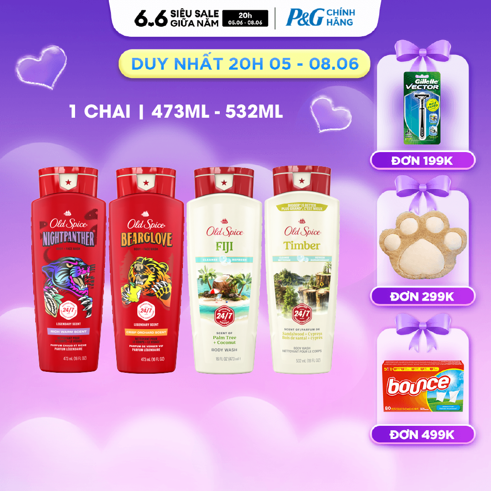 Sữa Tắm OLD SPICE Nhập Khẩu Mỹ Dạng Gel Hương Timber/ Fiji/ Bearglove/ Nightpanther Chai 473ML