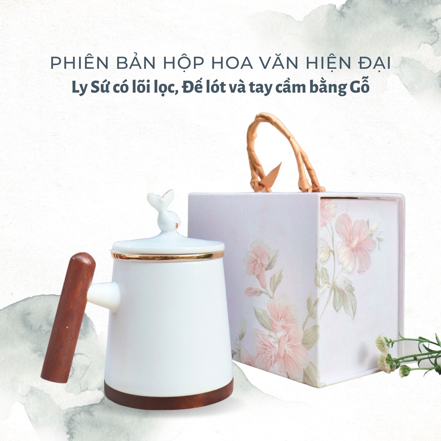 [HCM]Ly Sứ Nhật Có Lõi Lọc - Quai Cầm Và Đế Lót Gỗ - Quai Nắp Hình Cá (Tặng ngay 1 hũ trà đậu 120.000)