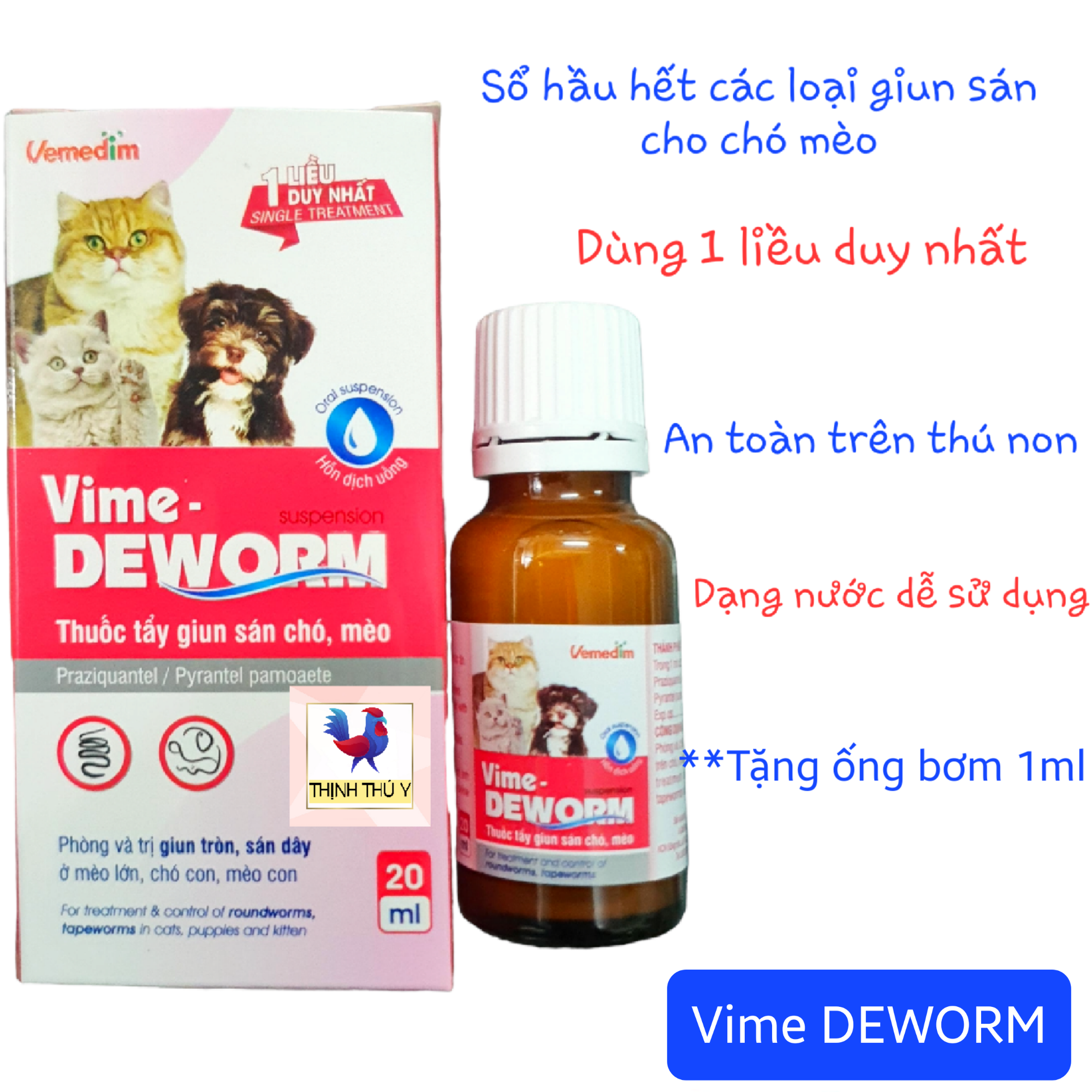 Vime DEWORM (20ml) - Sổ giun dạng nước cho chó mèo. Tẩy hầu hết các loại giun sán chỉ 1 liều duy nhất (Tặng ống bơm 1ml)
