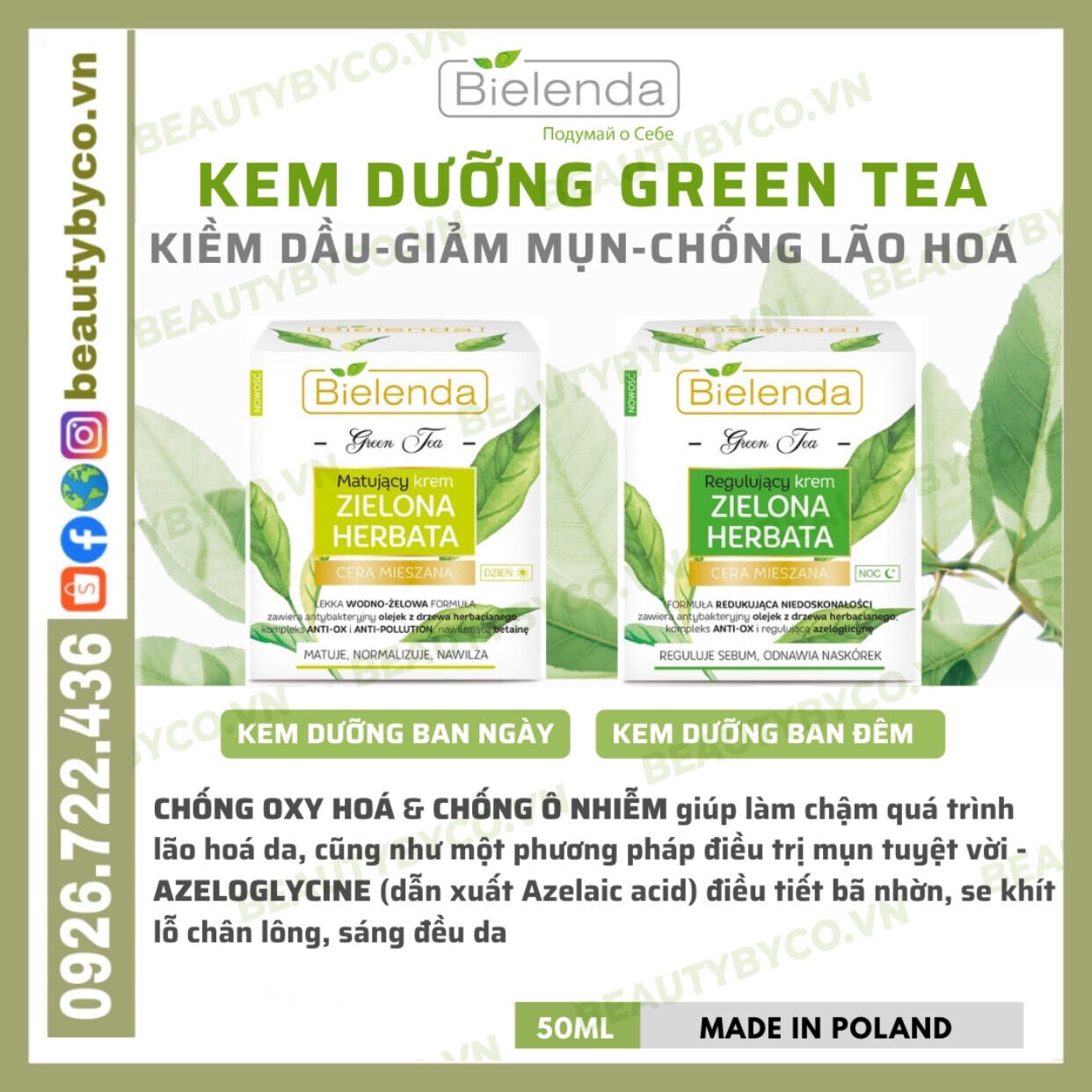 Kem dưỡng trà xanh da dầu mụn Bielenda Green tea