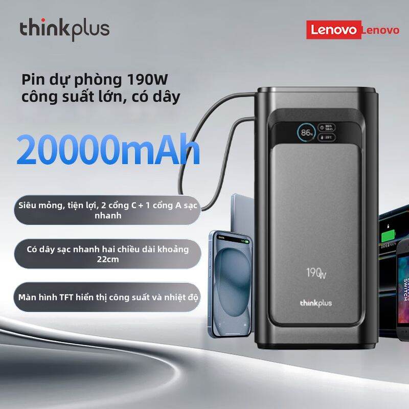 Pin Sạc Dự Phòng ThinkPlus 190W 20000mAh Cao Cấp Sạc Nhanh 2 Cổng C + 1 Cổng A Màn Hình TFT Dây Sạc Nhanh 22cm Dùng Cho Laptop Điện Thoại Máy Tính Bảng Du Lịch