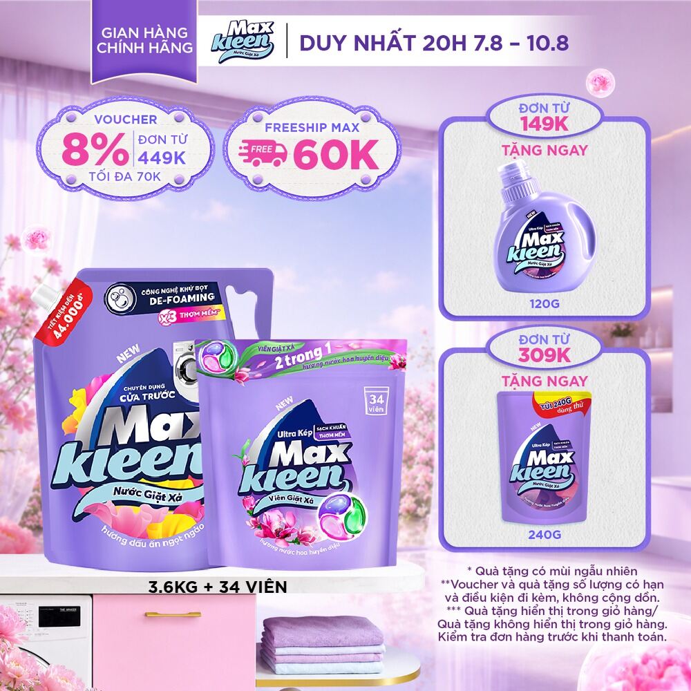 Combo Nước giặt xả cho máy giặt cửa trước hương Dấu Ấn Ngọt Ngào 3.6kg + Túi viên MaxKleen hương Huyền Diệu (34 viên/ túi)