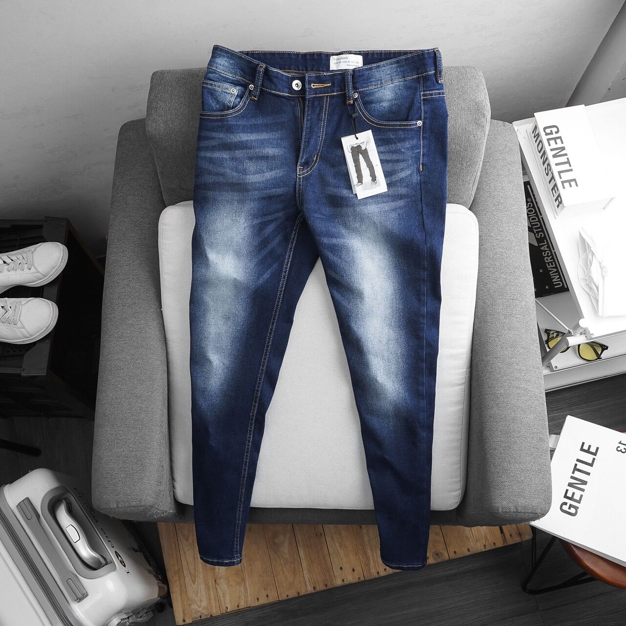 Quần bò nam | Quần jean nam đẹp xanh đậm wax - jeans co giản ống ôm