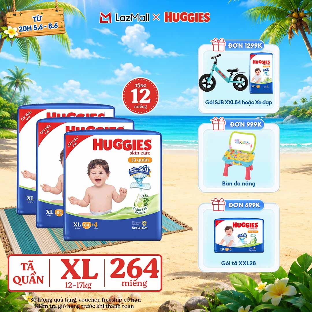 [CHỈ 9-10.6 GIẢM THÊM 90K] Combo 3 Gói Tã/bỉm quần HUGGIES SKINCARE MEGA JUMBO size XL84+4 miếng