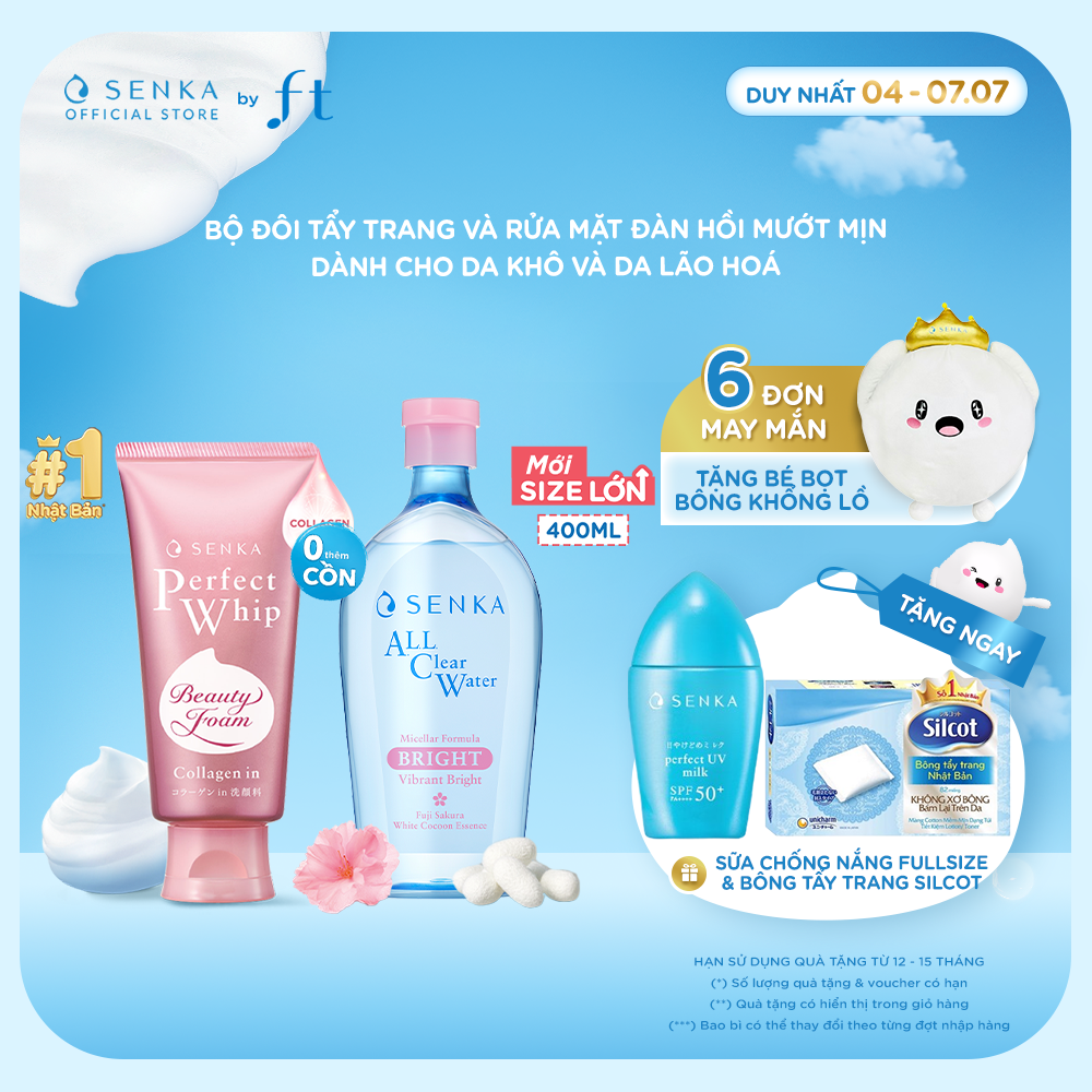 Bộ đôi Nước tẩy trang micellar dưỡng sáng cấp ẩm SENKA A.L.L. CLEAR WATER MICELLAR FORMULA BRIGHT N 400ML  Sữa rửa mặt đàn hồi mướt mịn SENKA PERFECT WHIP COLLAGEN IN 120G
