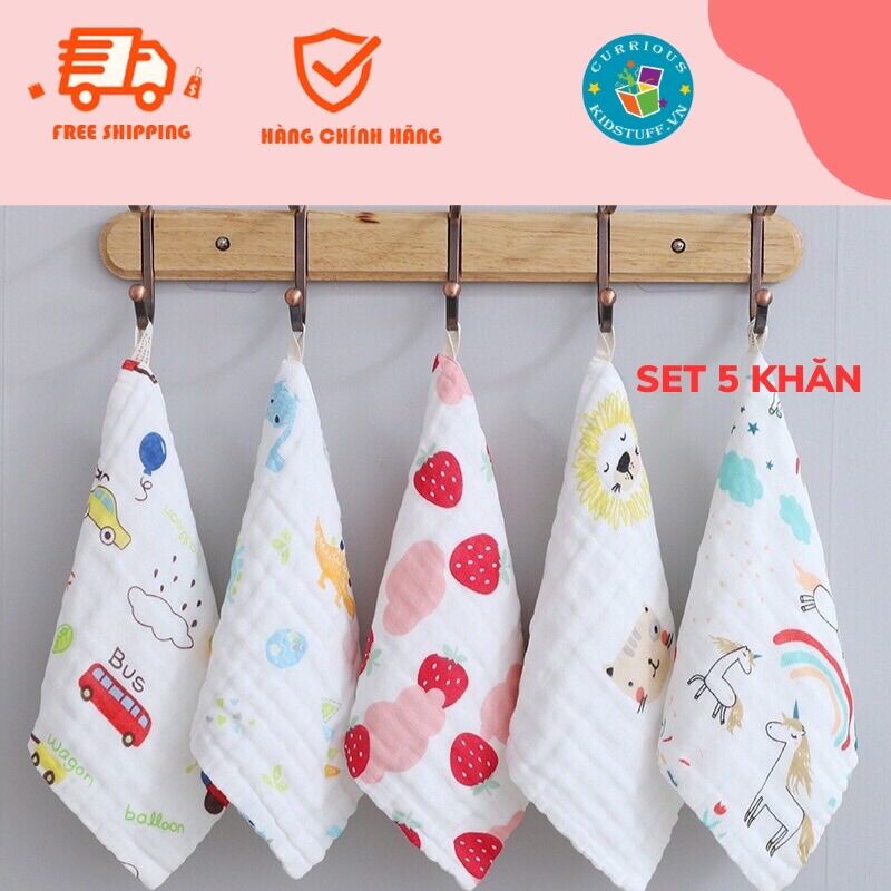 SET 5 KHĂN XÔ SỮA 6 LỚP XUẤT NHẬT CHO BÉ, VẢI COTTON ORGANIC HÃNG MANNY, KT 30x30cm