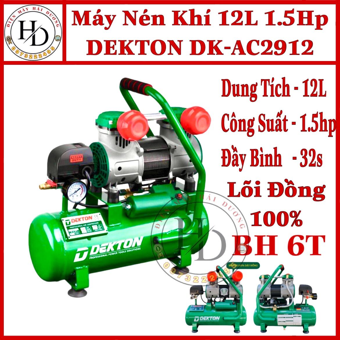 Máy nén khí 12l không dầu dekton dk-ac2912 1.5hp/1250w- lưu lượng 150l/phút.bh chính hãng 6 tháng
