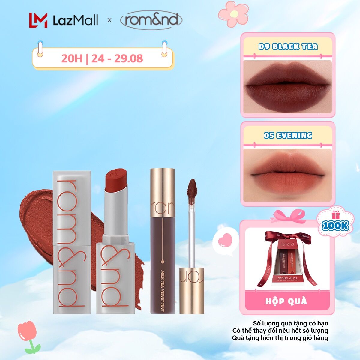 Combo Son kem lì Romand Milk Tea Velvet Tint 4.4g + Son thỏi Romand Zero Matte Lipstick-Shell Beach Nude Collection 3g