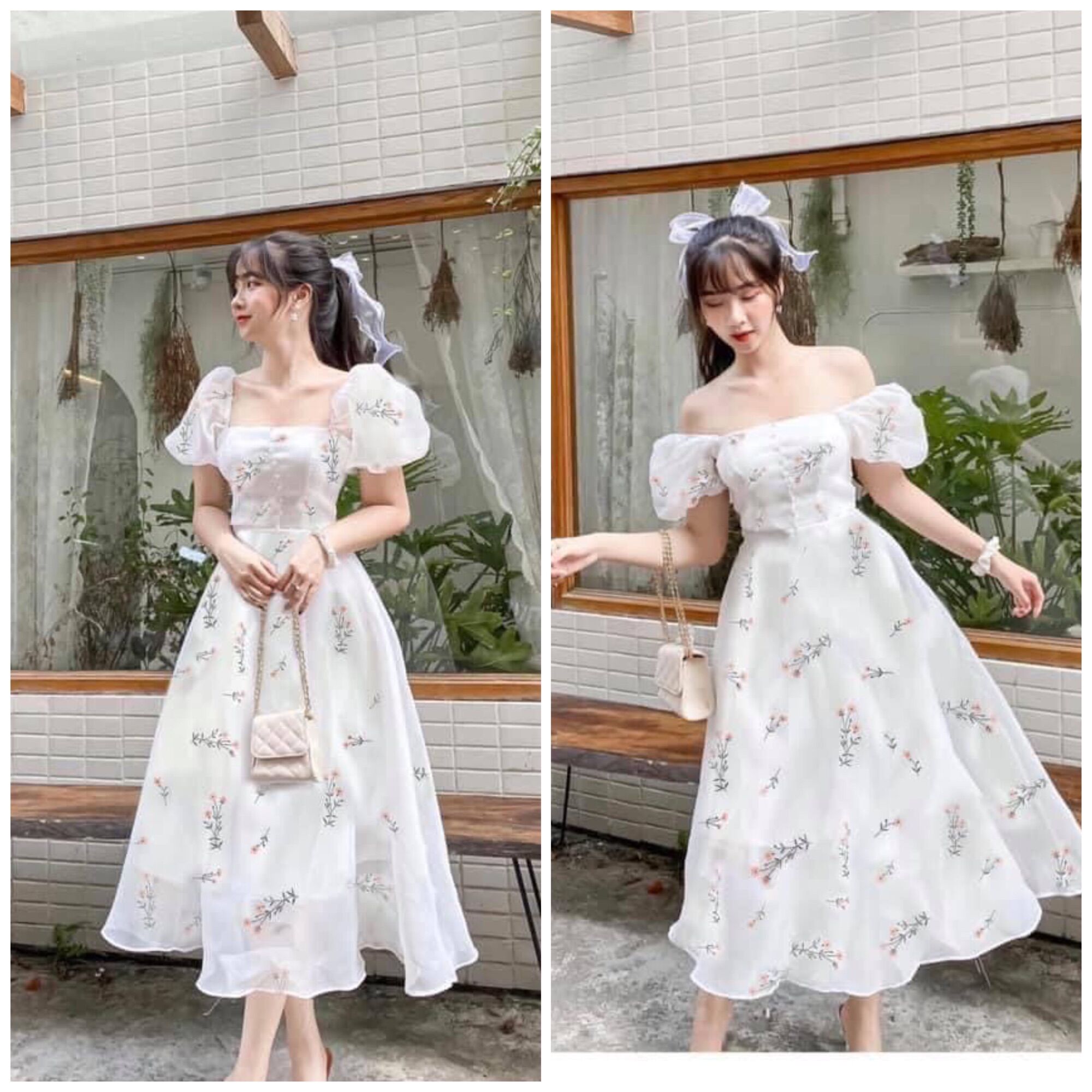 Đầm hoa oganza tay bồng dáng dài tiểu thư