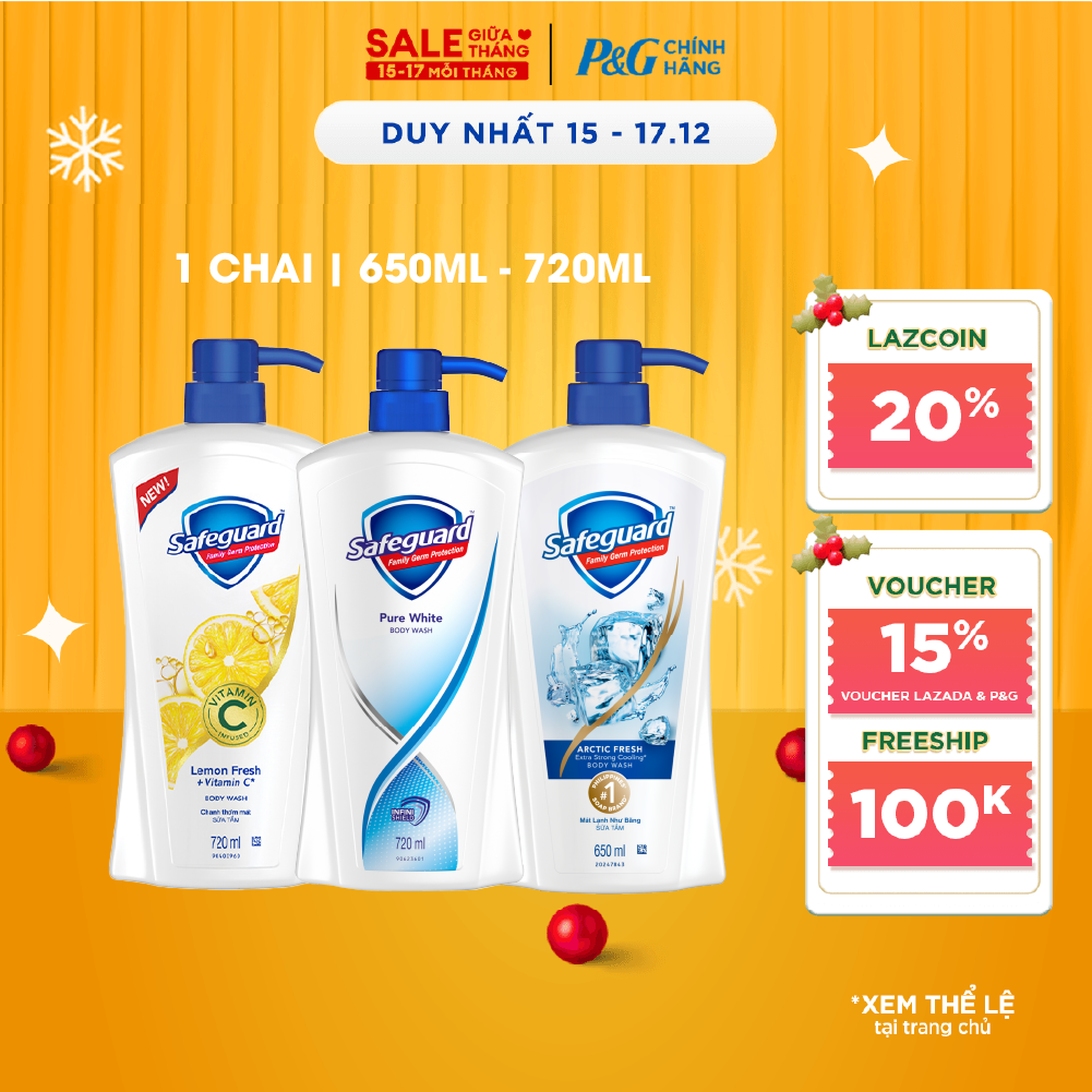  Sữa Tắm SAFEGUARD Diệt Vi Khuẩn Trắng Tinh Khiết  Hồng Hoa vs Lô Hội  Mát Lạnh Như Băng Chai 720ML 