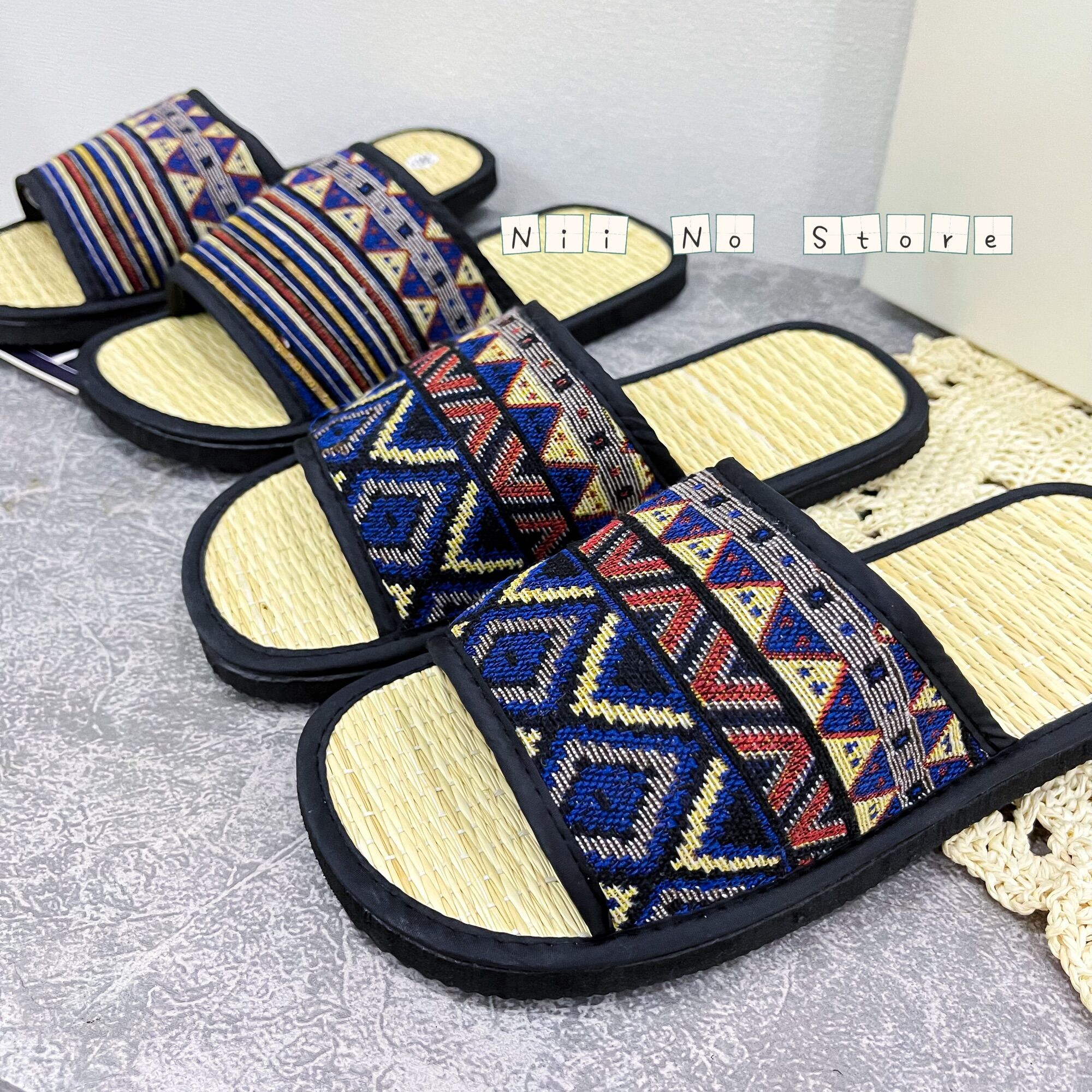 [ND025] Dép chiếu thổ cẩm xanh quai ngang