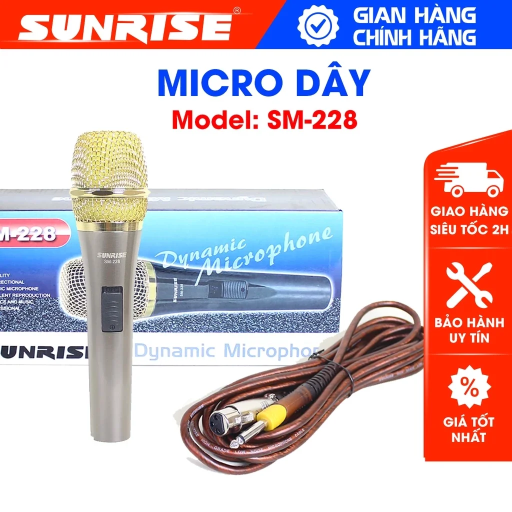 Micro karaoke có dây chính hãng Sunrise SM-228 đầu mic chất lượng cao, thân kim loại kèm dây zin dài 8m chống gãy bền bỉ - SUNRISE SM228