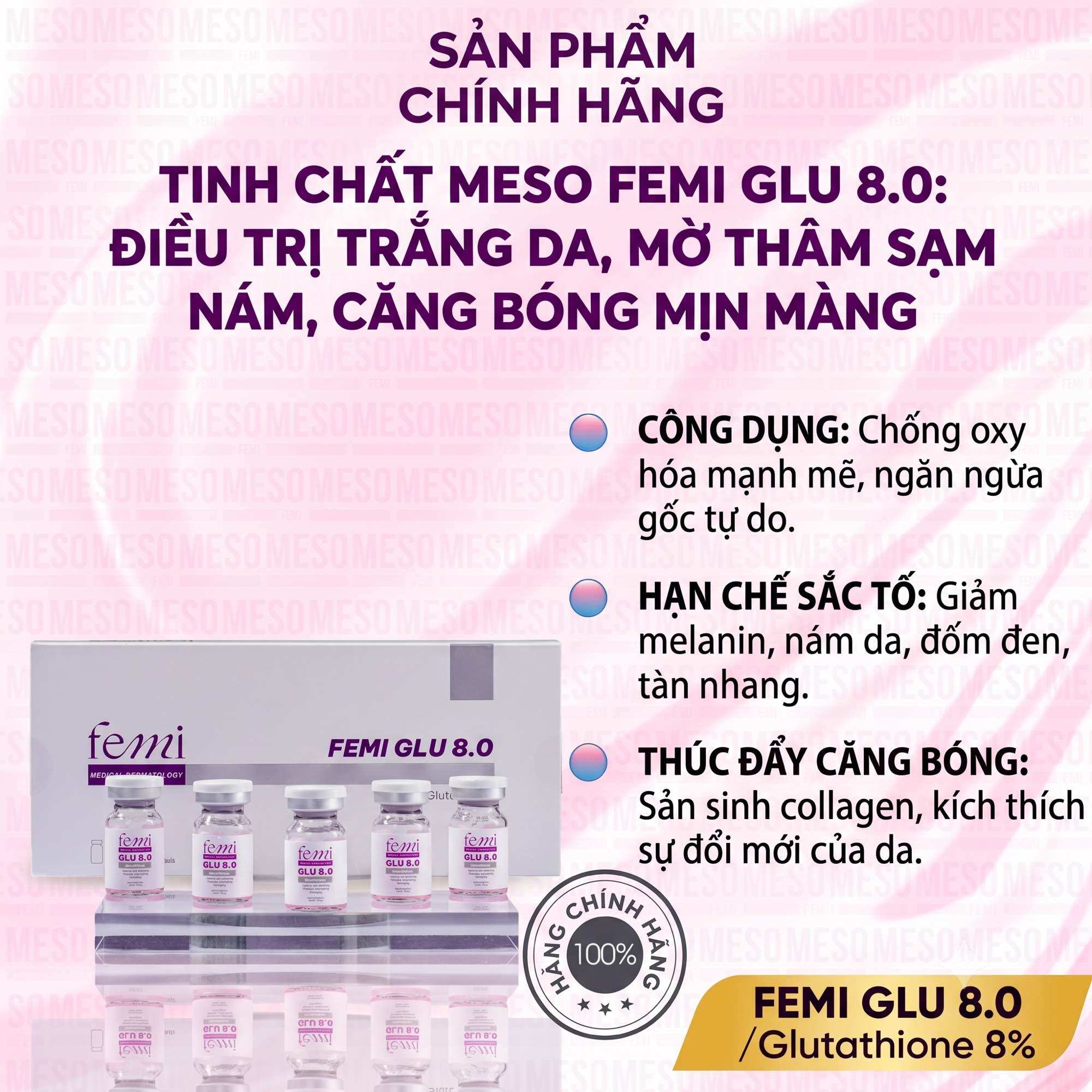 Tinh Chất Femi Glu 8.0 Glutathione 8% Hỗ Trợ Dưỡng Trắng Da Nâng Tông Căng Bóng Mịn Màng Chuẩn Spa
