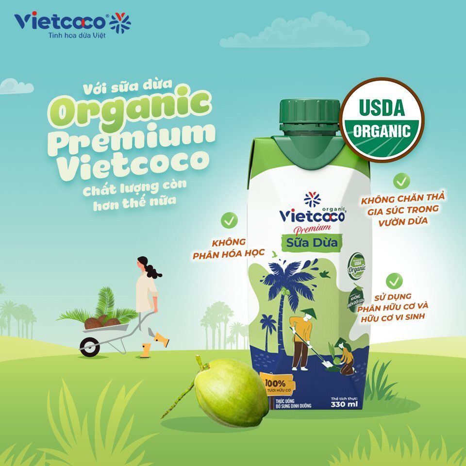 Sữa dừa Organic Vietcoco hộp 330ml nắp vặn