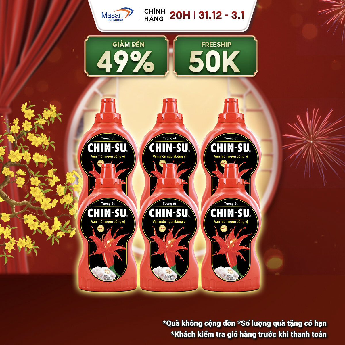 15.12-29.12 Voucher 18% CHO ĐƠN TỪ 199K Combo 6 Tương Ớt CHIN-SU 500G Bao bì có thể thay đổi theo đợt nhập hàng