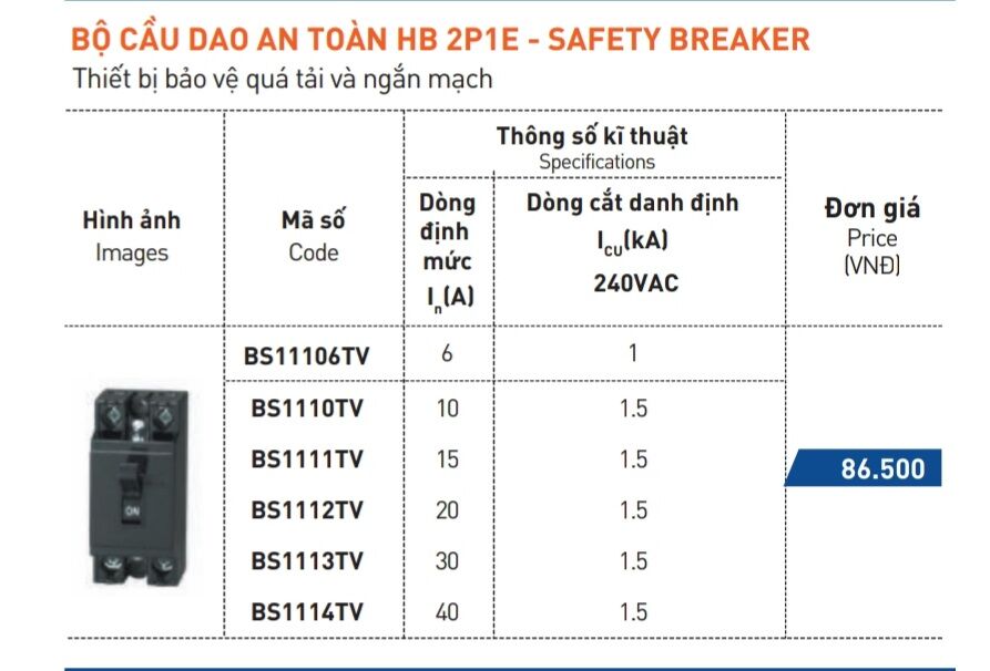 Bộ ngắt mạch an toàn hb 2p1e safety breaker _ cb cóc 6a, 10a, 15a, 20a, 30a, 40a