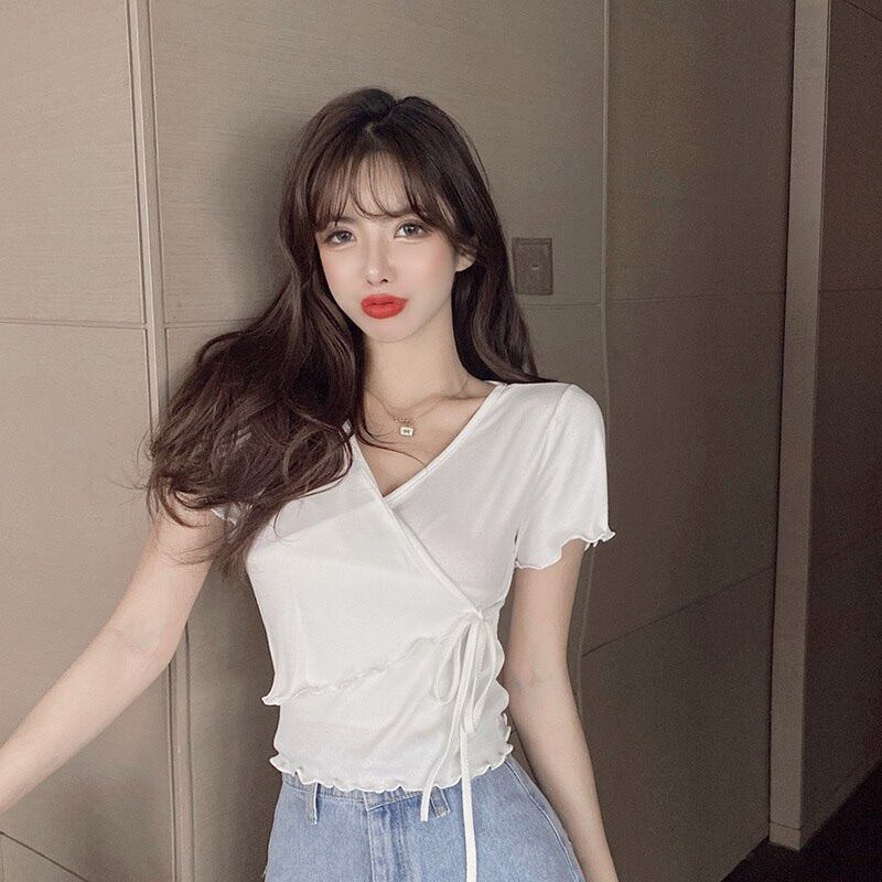 Áo kiểu dây đắp chéo đen trắng xinh xắn NYNY