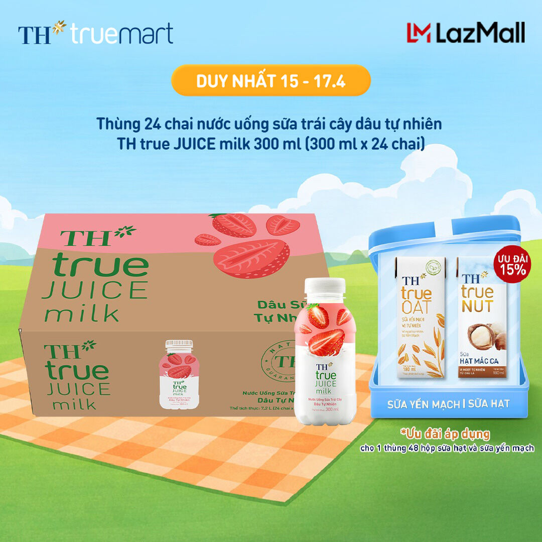 Thùng 24 chai nước uống sữa trái cây TH true JUICE milk dâu tự nhiên 300 ml (300 ml x 24)