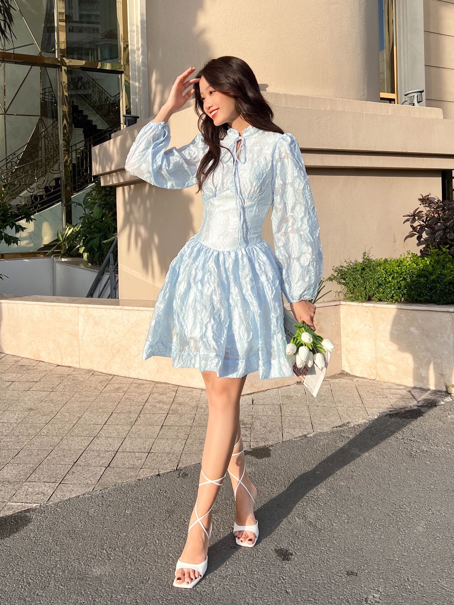 Đầm xoè tay phồng hoạ tiết đám mây nữ tính- Danny Dress Blue .