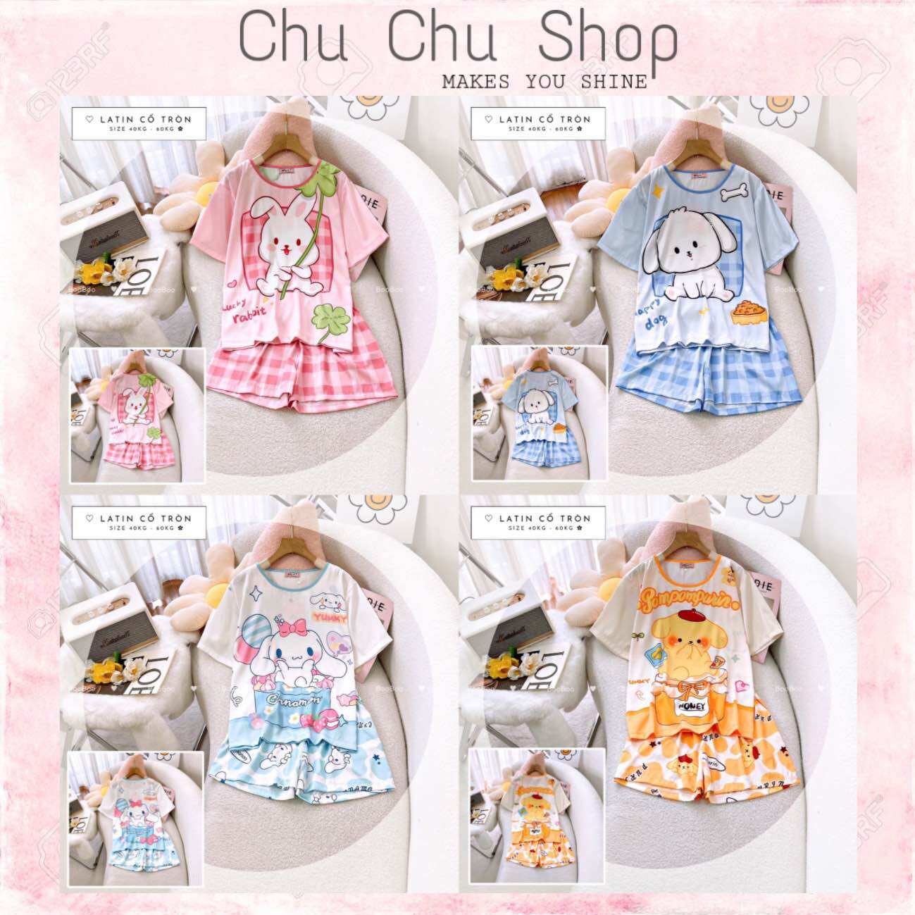 Đồ bộ mặc nhà đồ ngủ lụa boo boo form đùi cổ tròn size 40-60kg