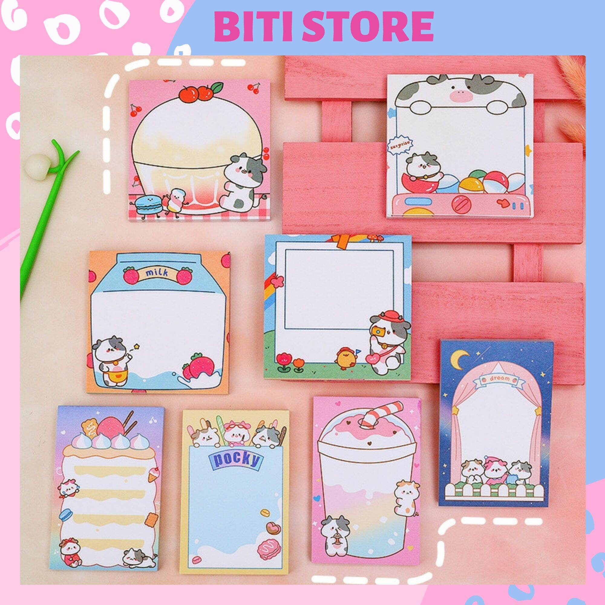 🍓giấy ghi chú - giấy note 80 tờ họa tiết bò sữa dễ thương biti store