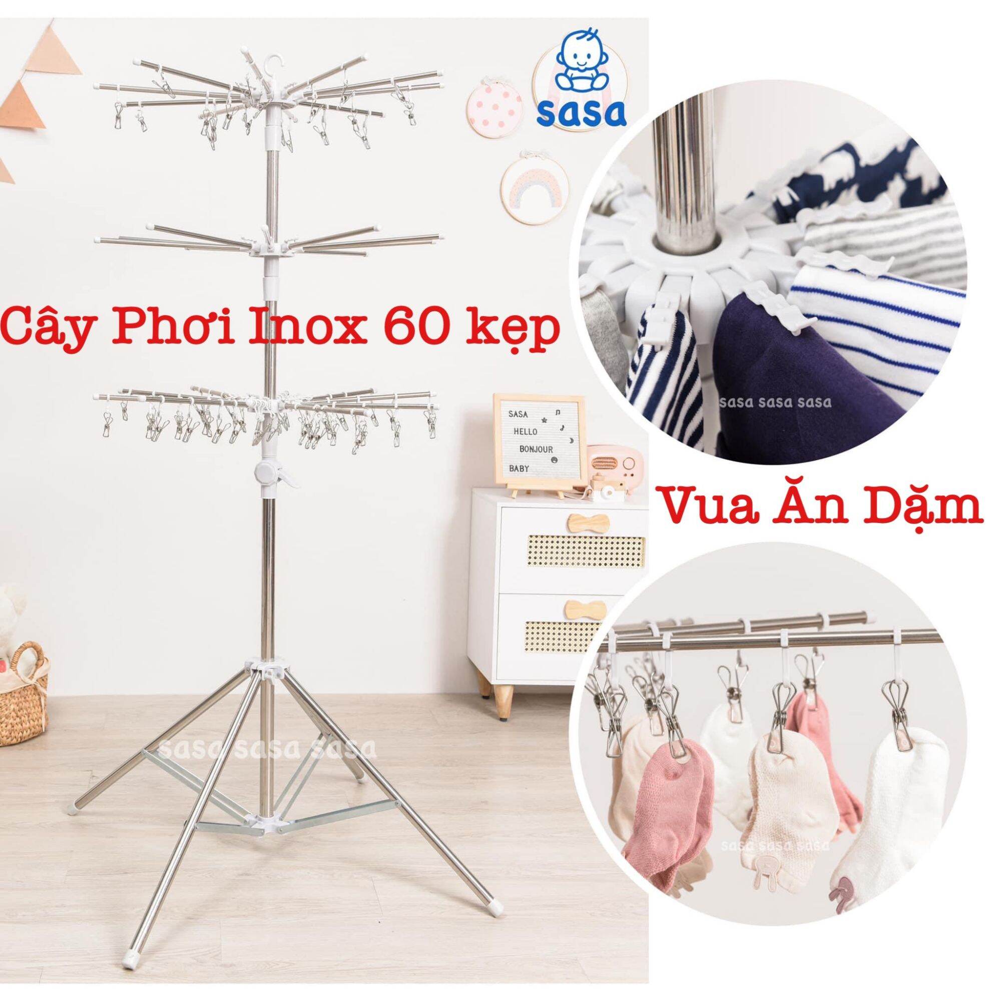 (Hàng Cao Cấp SaSa) Cây sào phơi đồ Inox thông minh gấp gọn đa năng 3 tầng 60 kẹp, treo đồ cho bé