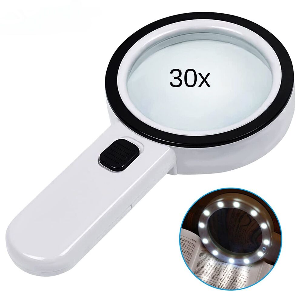 30X Handheld Magnifier 12 LED Illuminated Magnifying Glass with Light for Seniors Reading Inspection Coins Jewelry Watch Repair