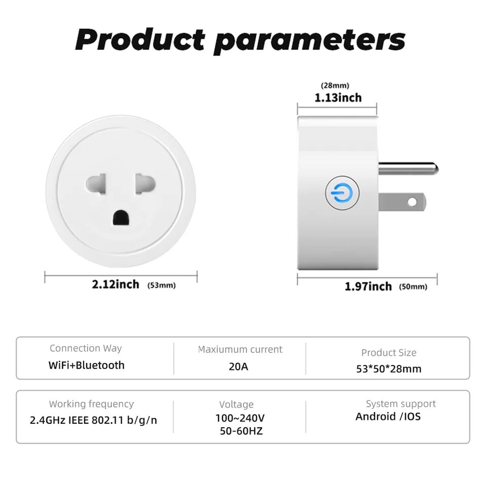 Ổ cắm điện 20A wifi+rf433 thông minh mini Tuya/Smartlife/Googlehome đo công suất