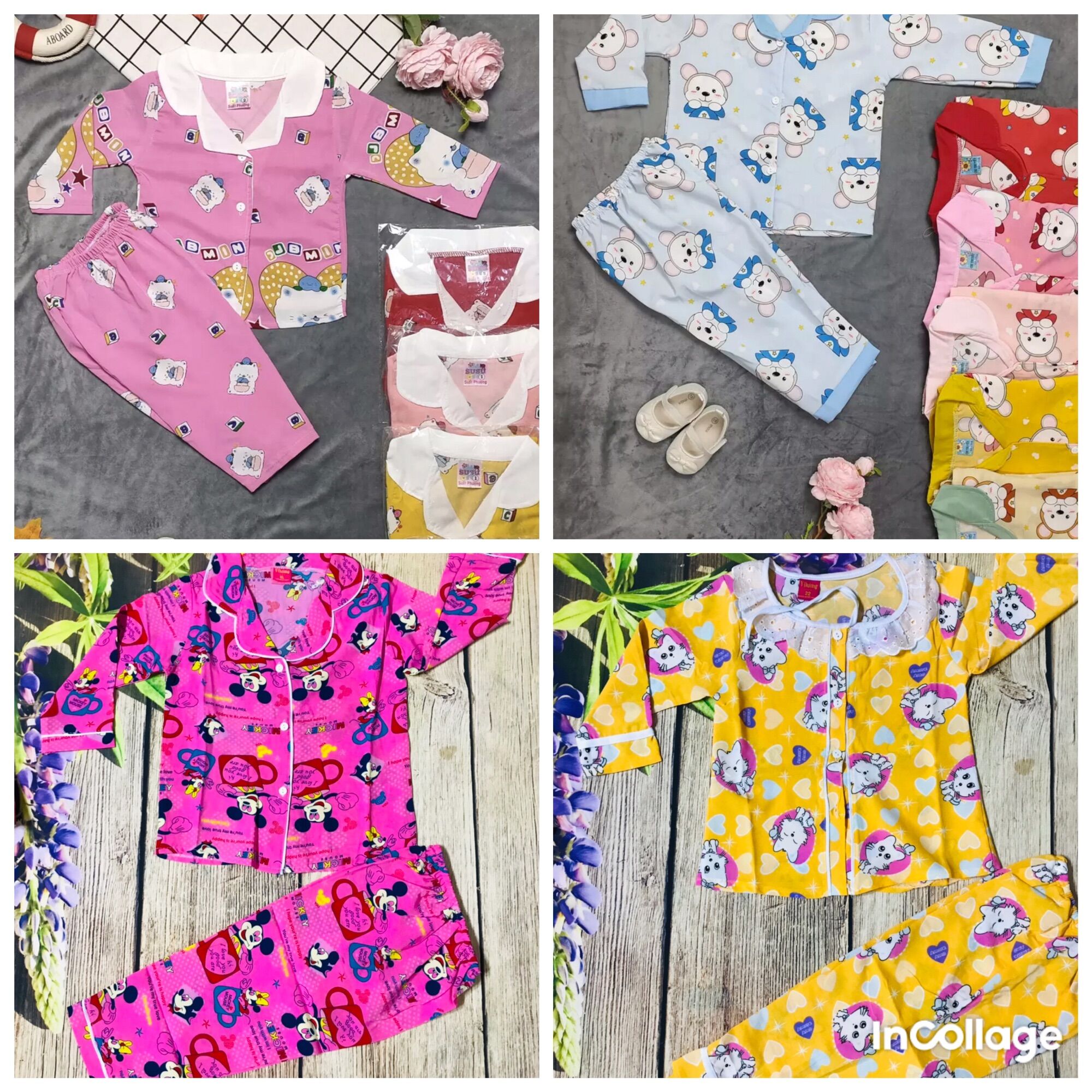 Combo 3 bộ pijama lụa tay dài cho bé gái 6-20kg