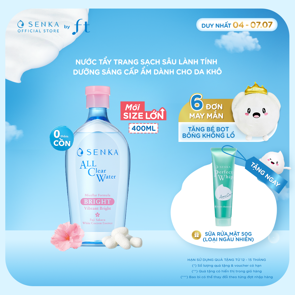 Nước tẩy trang micellar dưỡng sáng cấp ẩm SENKA A.L.L. CLEAR WATER MICELLAR FORMULA BRIGHT N 400ML