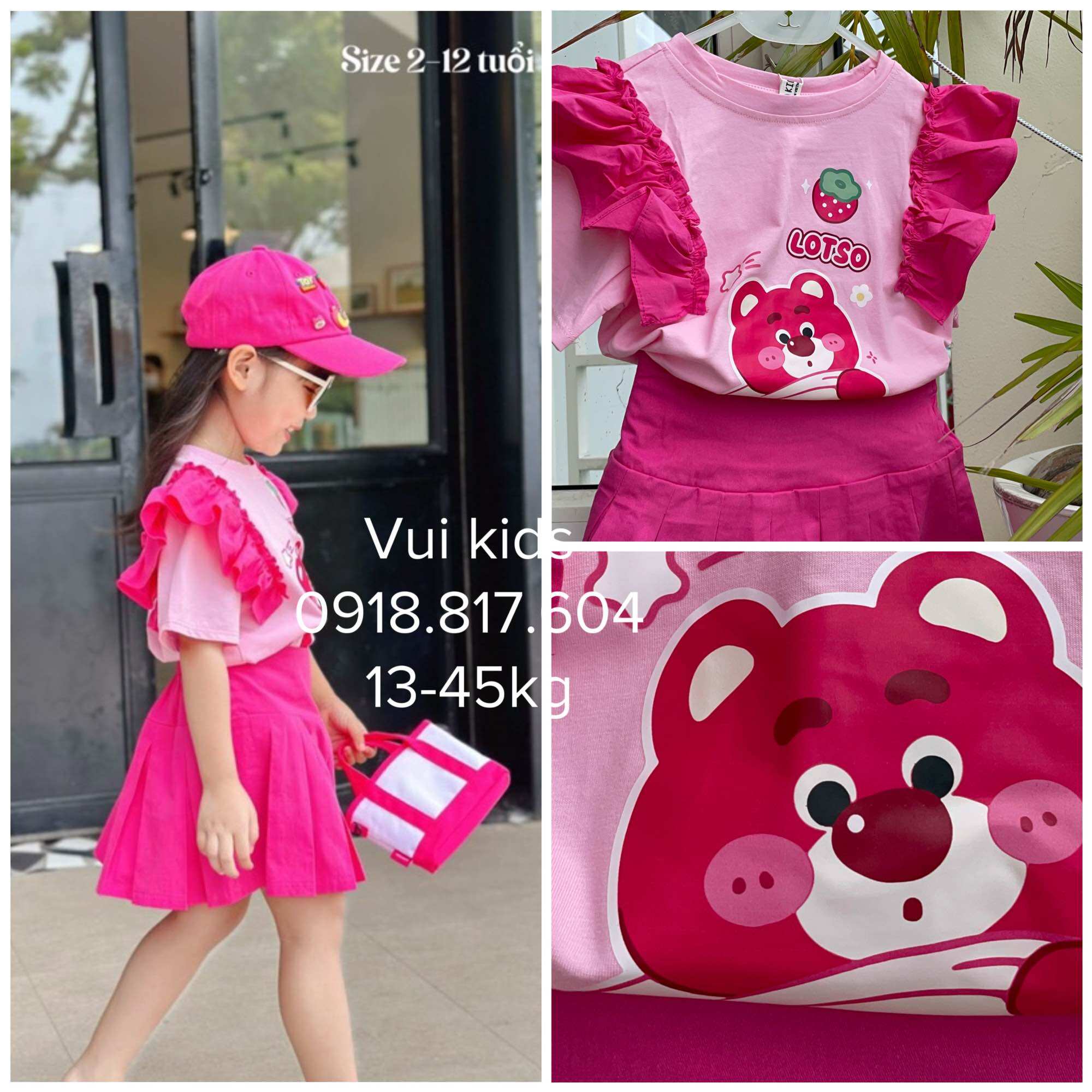 Set chân váy bé gái. Set gấu dâu Lotso chân váy kaki thô mềm áo cotton 4C bé gái 13-45kg Sofia Candy
