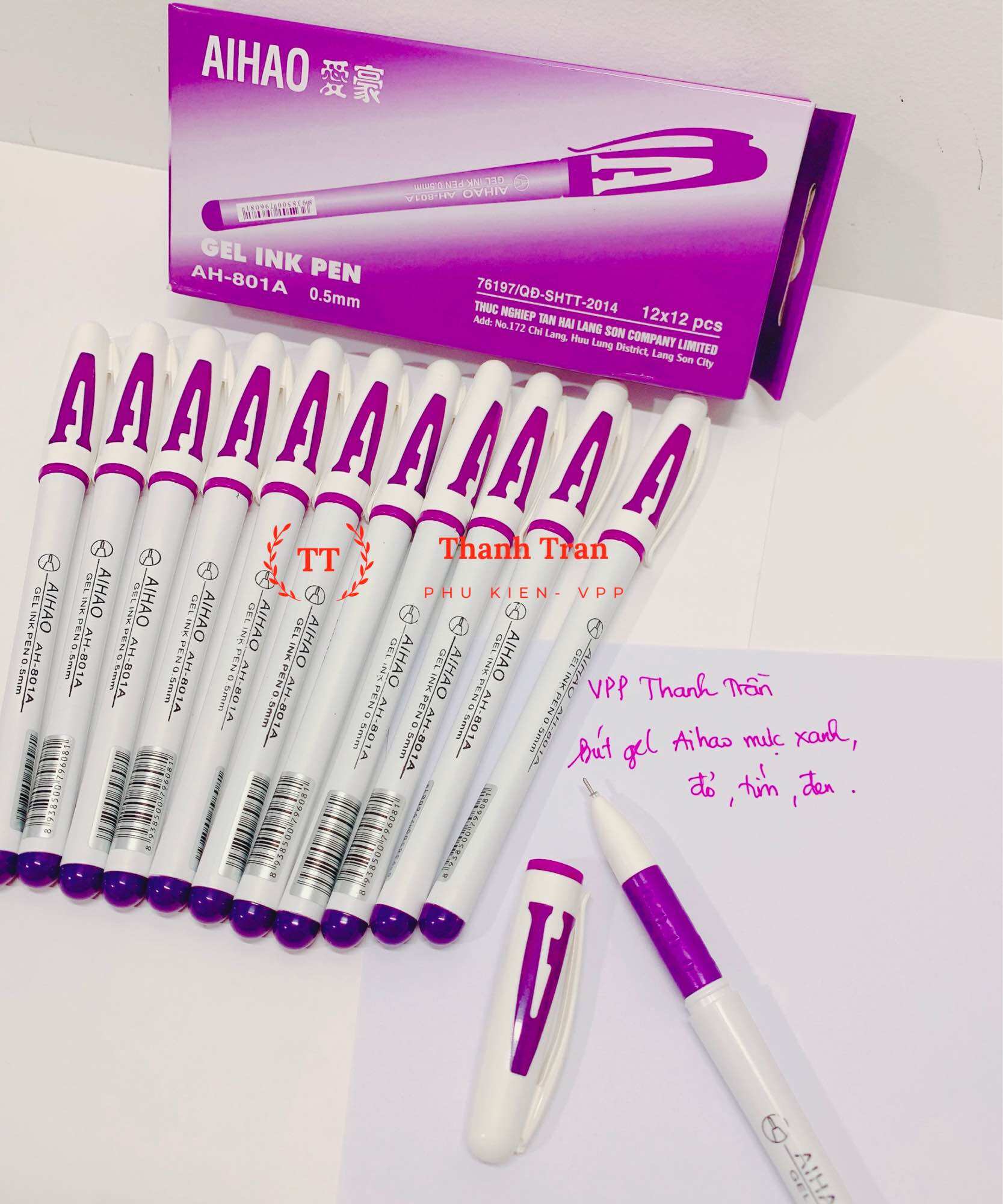 Hộp 12 cây bút mực gel Aihao mực tím, xanh, đen, đỏ