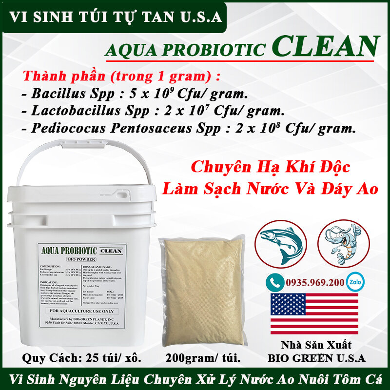 Vi sinh Túi tự tan Mỹ Aqua Probiotic Clean 200gr chuyên hạ khí độc , xử lý nước và đáy ao nuôi tôm cá .