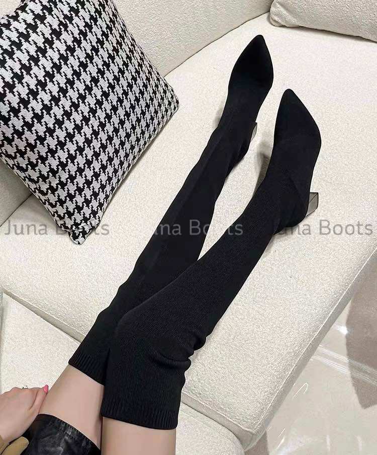 Giày bốt len đùi quang châu cao cấp - Boots len đùi qua gối ôm chân da mềm gót tráng gương sang chảnh
