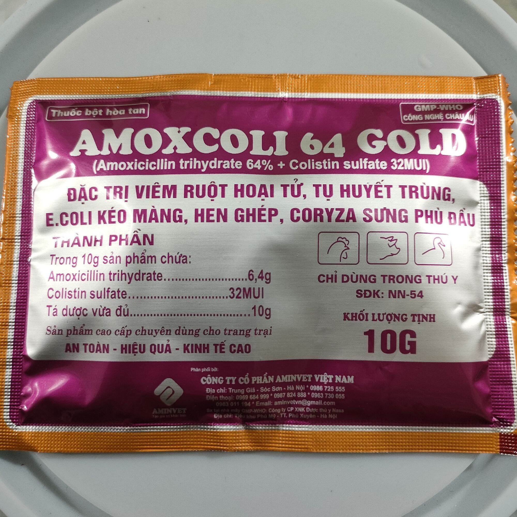 Amoxcoli 64 gold 10g/ Amox 64% 10g chuyên viêm ruột hoại tử, phân xanh trắng, ecoli kéo màng, hen gh