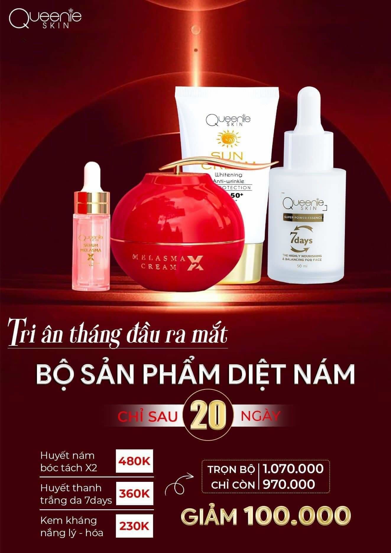 Combo diệt nám queenie skin chính hãng gồm kem huyết nám bóc tách x2 50gram+huyết thanh trắng da 7days+kem kháng nắng lý hoá spf50+
