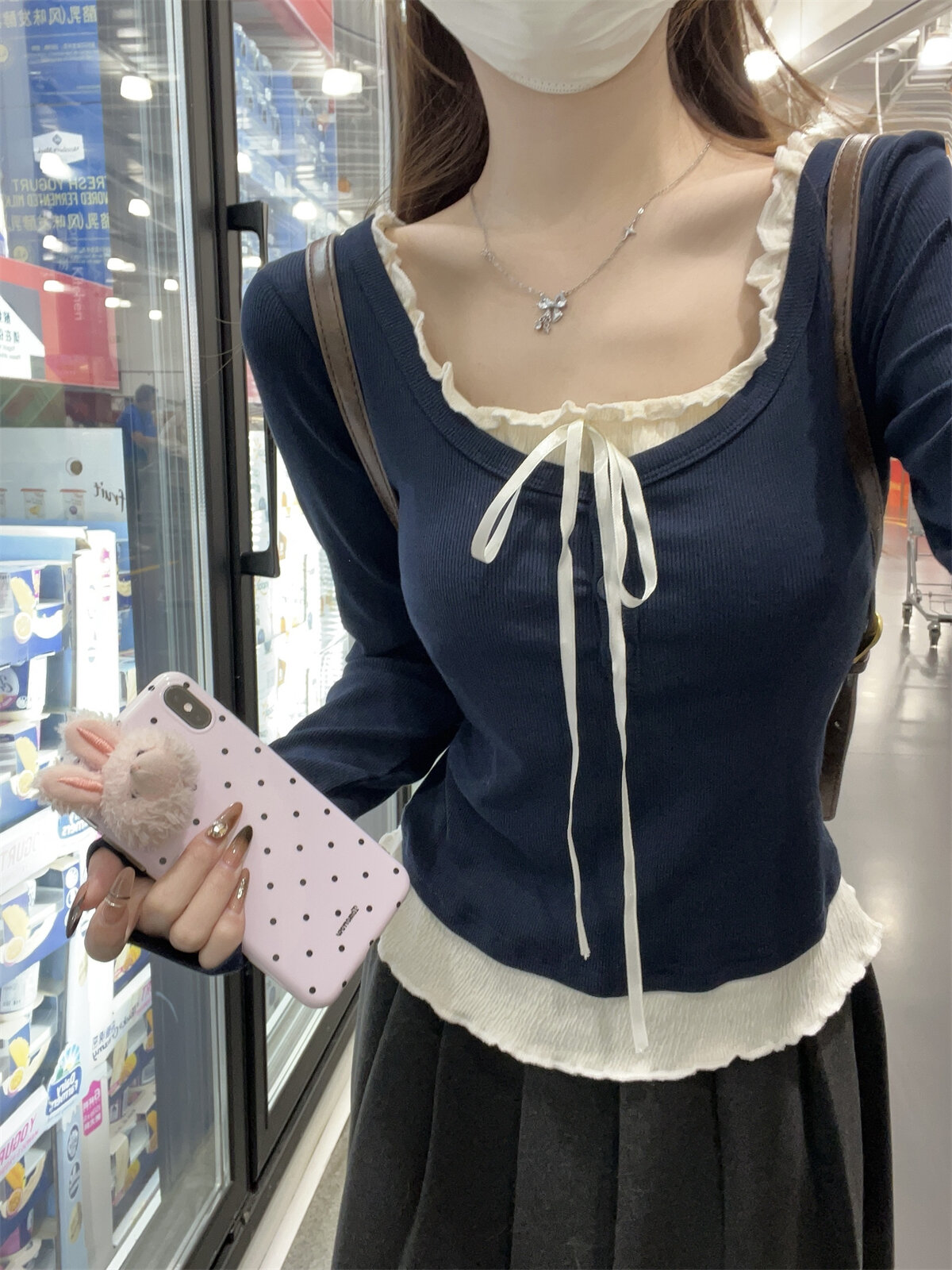 Áo Thun Cotton Dài Tay Mùa Xuân Mới Có Nơ Bướm Áo Lót Bên Trong Áo Thun Cổ Tròn Tay Dài Áo Thun Nữ P