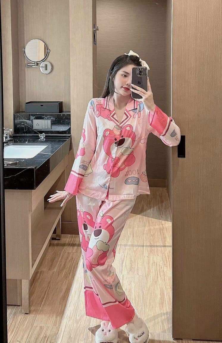 Bộ Đồ Ngủ Pijama Lụa Xước Cao Cấp Áo Tay Dài
