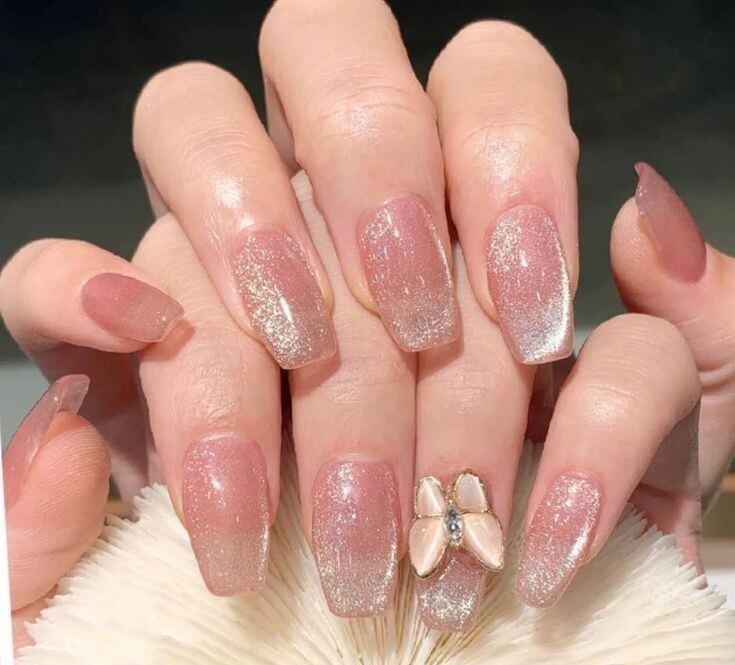 Bộ 10 móng tay giả - nailbox mắt mèo đính charm bướm đơn giản