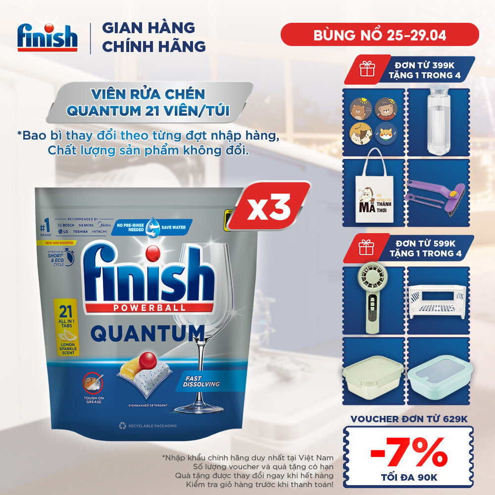 Combo 03 túi Viên Rửa Chén Bát Finish Powerball Quantum 21 viên