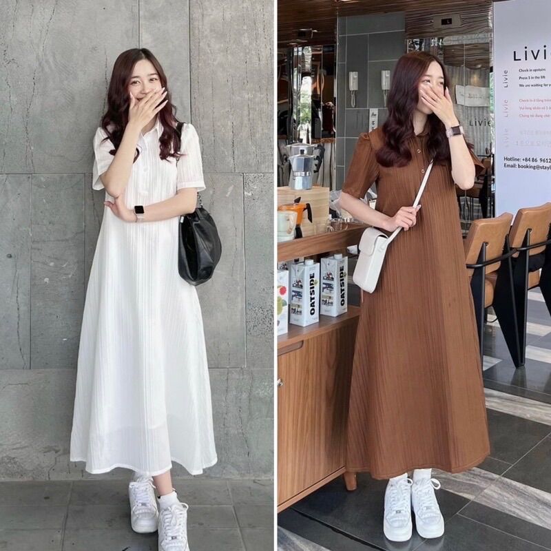 Váy polo cổ đức gân dáng dài xoè basic kèm váy 2 dây Pea Store