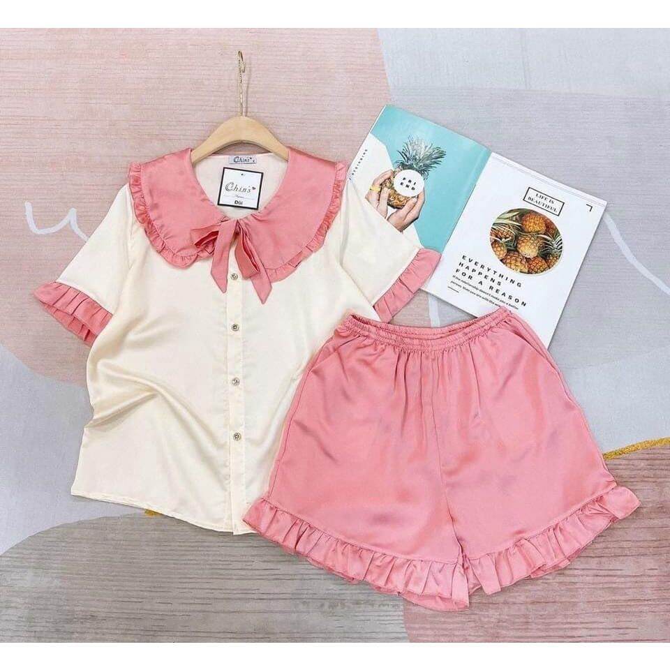 Đồ bộ pijama đùi, bộ đồ ngủ nữ mặc nhà cộc tay cổ bèo dễ thương chất liệu kate lụa