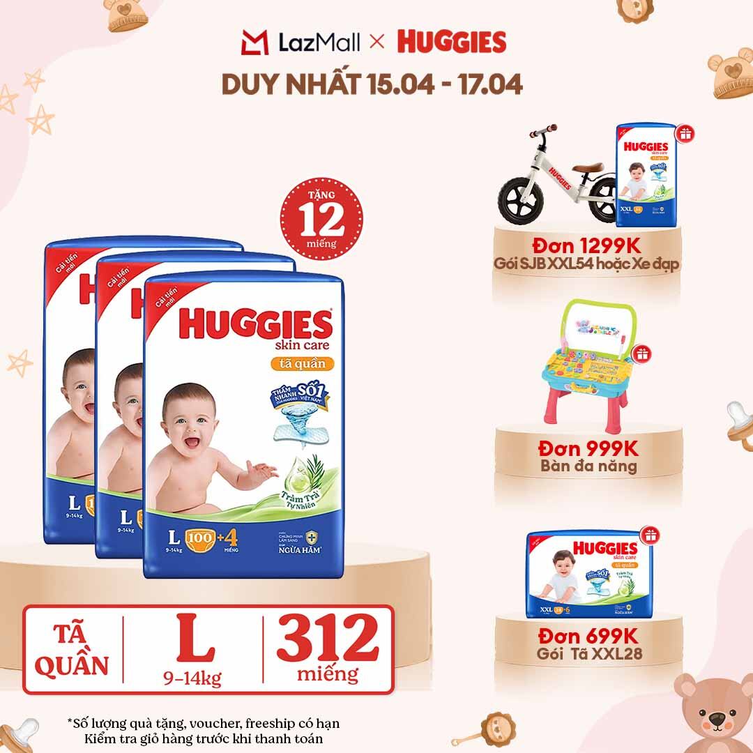 [CHỈ 18-24.04 GIẢM THÊM 90K] Combo 3 Gói Tã/bỉm quần HUGGIES SKINCARE MEGA JUMBO size L96+8 miếng/ L100+4 miếng