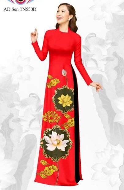 Bộ áo dài hoa sen đỏ - dài áo 140cm