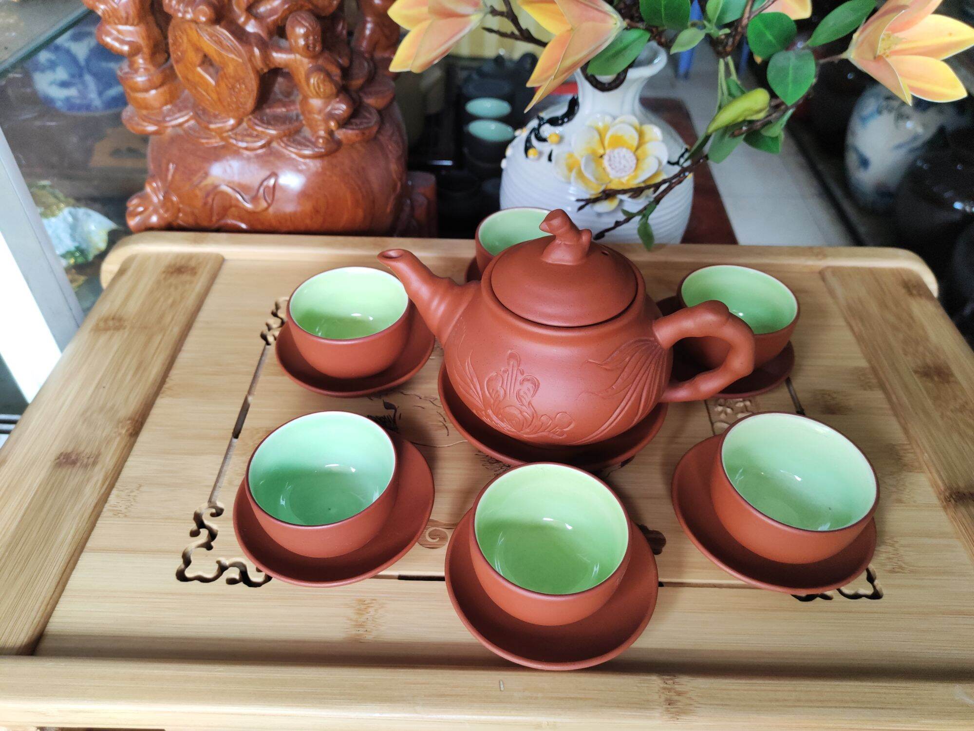 Bộ ấm trà tử sa Bát Tràng - Ấm khắc đỏ