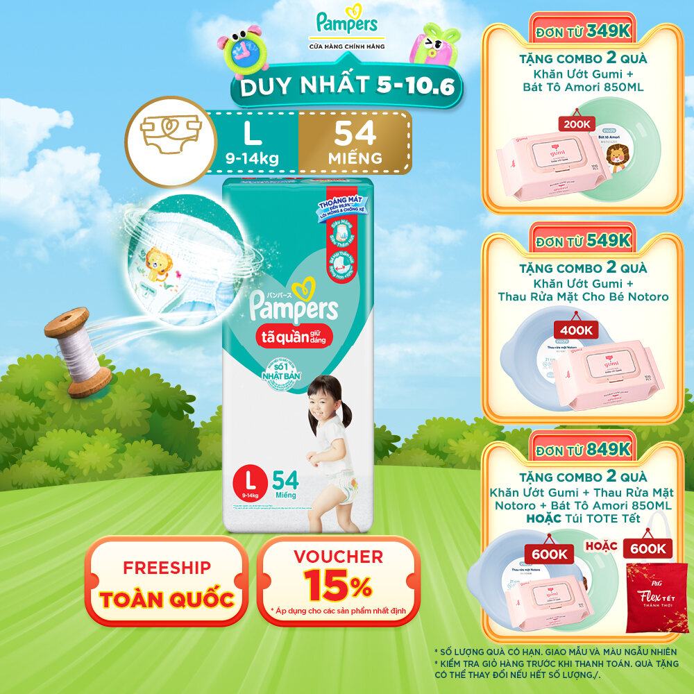 Tã/ Bỉm Quần PAMPERS Giữ Dáng Gói Đại, Size L (54 miếng, 9-14kg), Chống Xệ