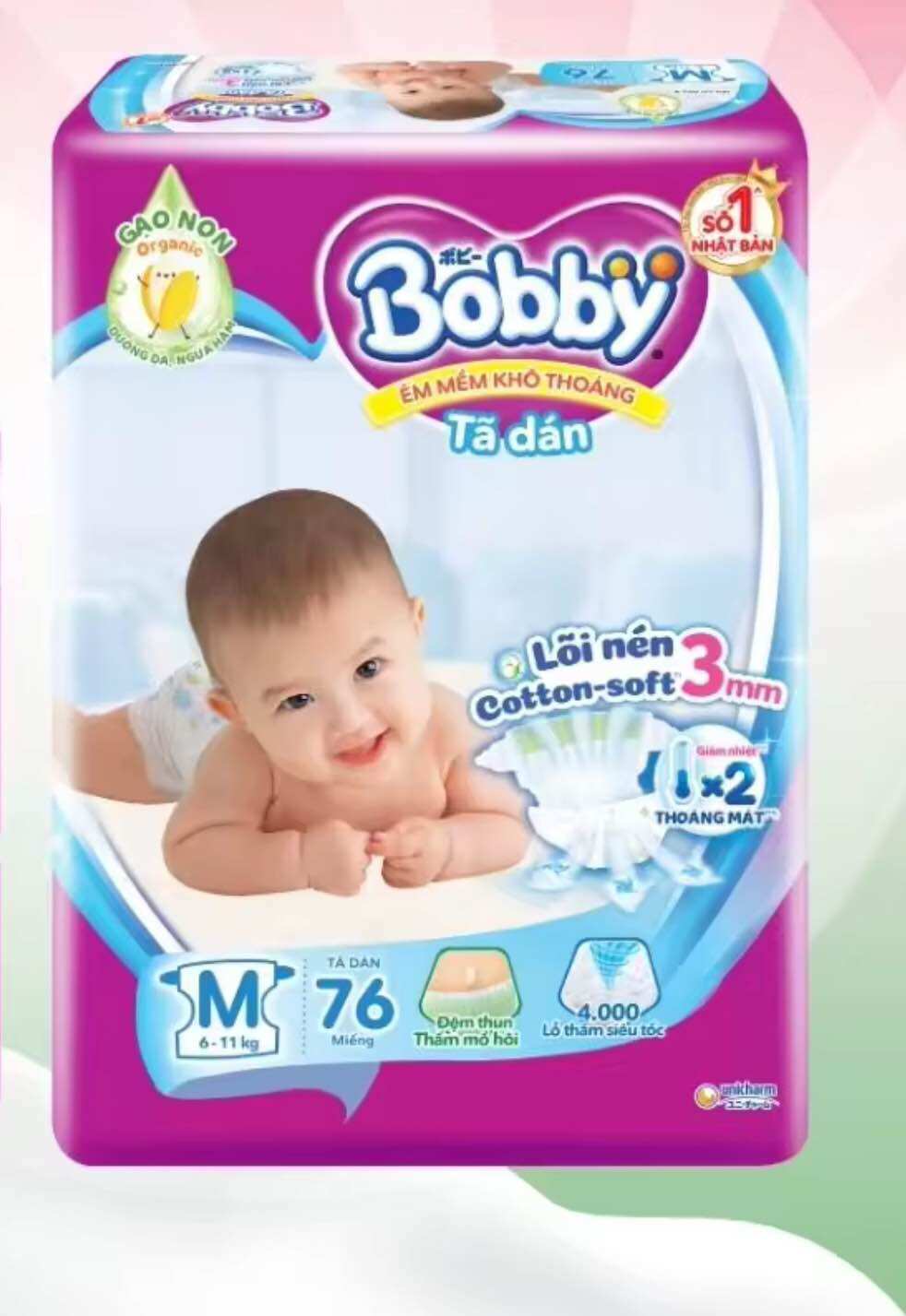 Tã dán bobby m76 cho bé từ 6-11kg - bỉm dán bobby trẻ em size m
