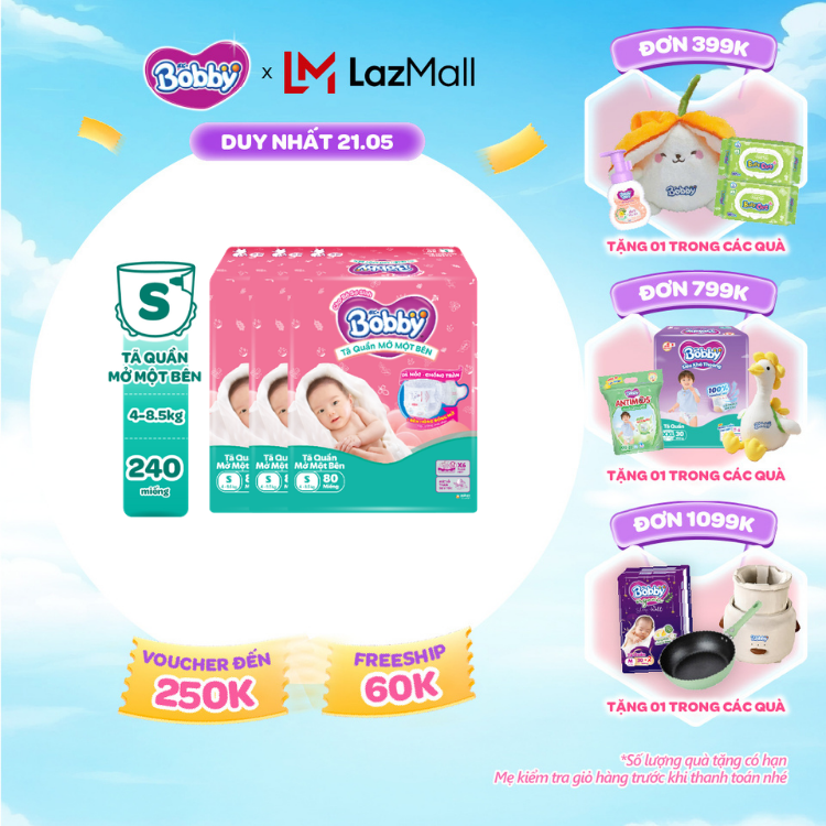 [SALE CUỐI THÁNG tặng QUÀ TO-SLCH][MỚI][TẶNG MIẾNG] Combo 3 gói tã quần mở một bên Bobby dành cho bé sơ sinh size S80