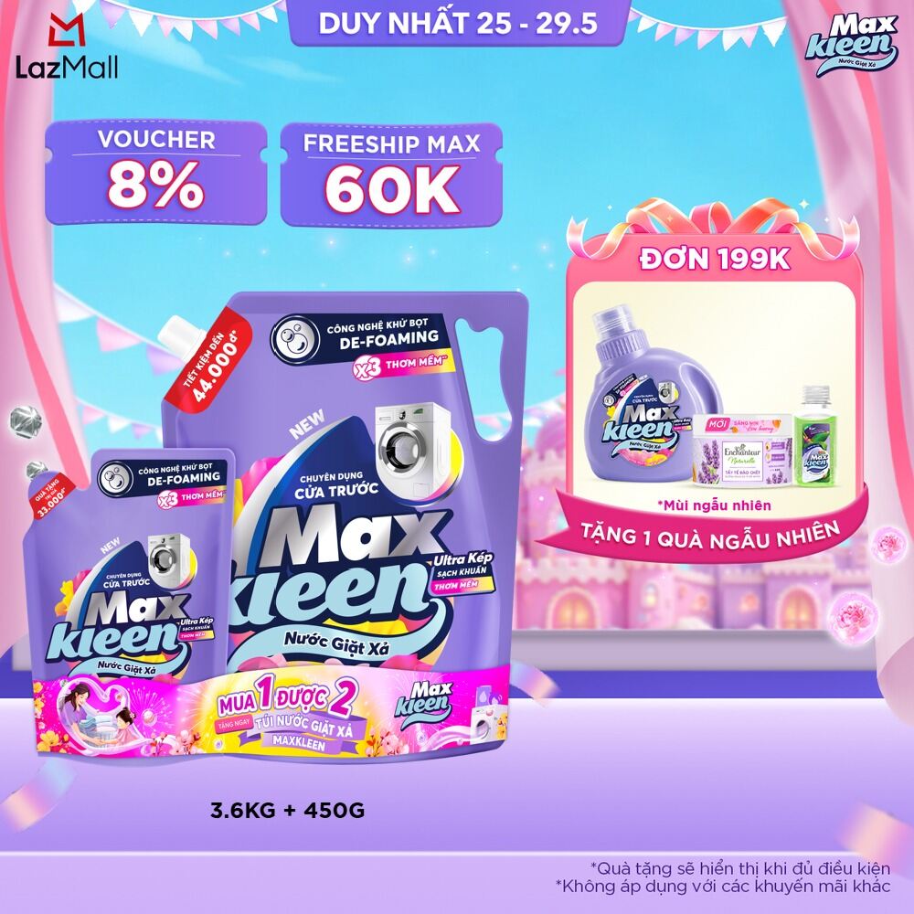 [Tặng kèm nước giặt 450g ngẫu nhiên] Nước giặt xả cho máy giặt cửa trước MaxKleen hương Dấu Ấn Ngọt Ngào 3.6kg