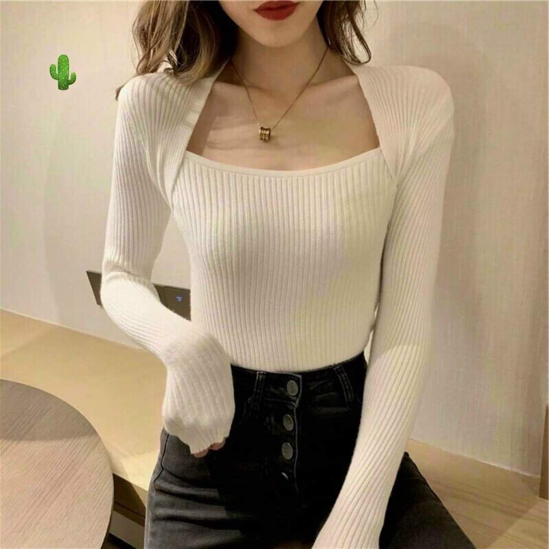 Áo tay dài cổ vuông thun gân xinh đẹp
